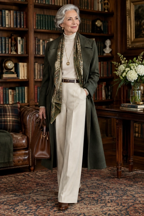 Olive Coat and Cream Trousers A woman wears a long olive coat over a cream turtleneck and wide-leg trousers with a patterned scarf, brown belt, handbag, and shoes.
