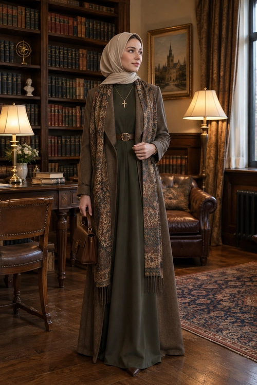 A woman wearing a taupe hijab, olive green floor-length dress, long brown coat, patterned scarf, belt, cross necklace, and brown handbag.