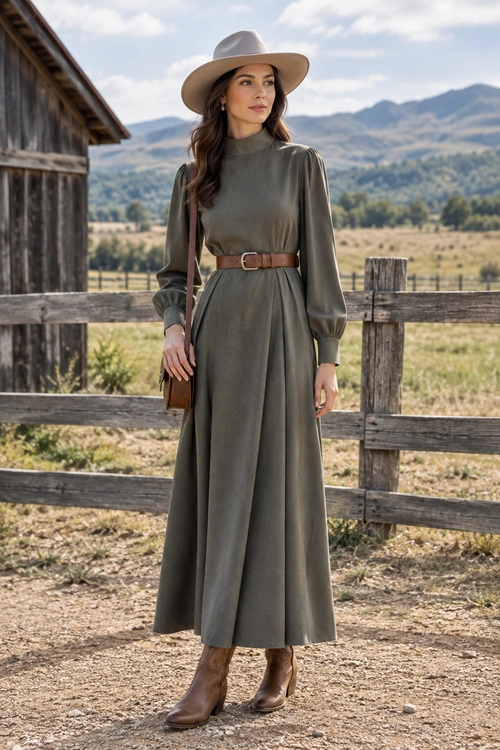 Olive Dress with Western Accessories Woman wearing a long olive high-neck dress with puff sleeves, a brown belt, wide-brim hat, shoulder bag, and ankle boots in a rural setting.