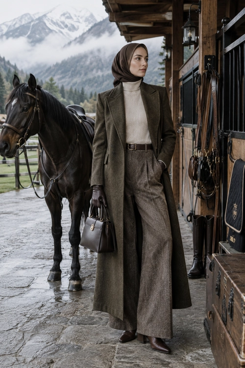 Olive Equestrian Tailoring A woman wears a long olive-brown tailored coat, cream turtleneck, wide-leg trousers, leather gloves, a headscarf, and brown boots beside a horse.