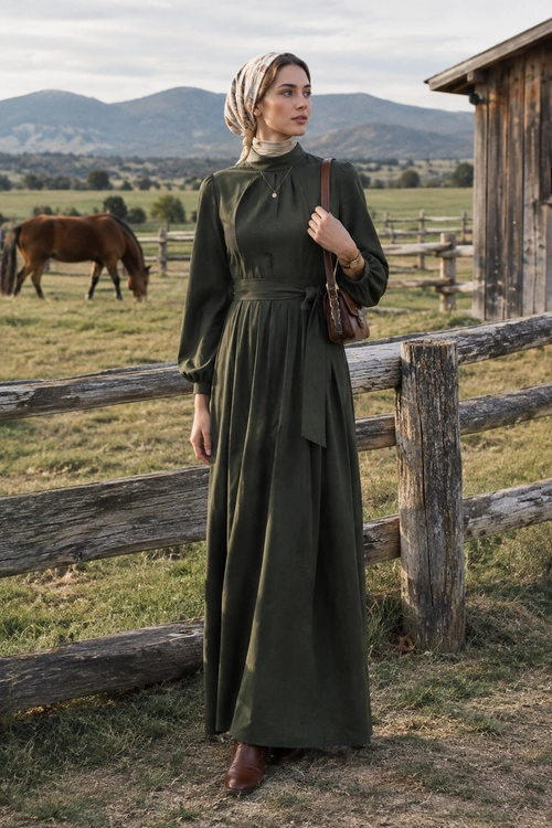 Olive Green Country Dress A woman wears a long olive green dress with a tied waist, beige headscarf, brown ankle boots, and a small shoulder bag beside a rustic fence.