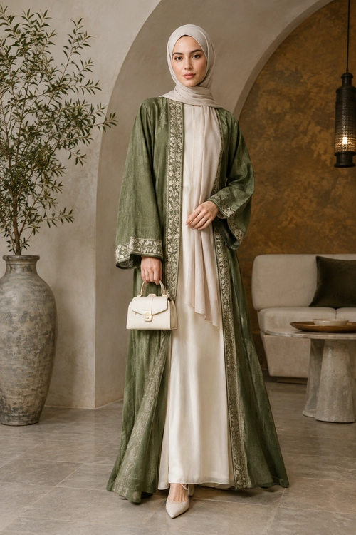 Olive Green Embroidered Abaya Look A woman wears an olive green embroidered abaya over a cream dress with a matching hijab, ivory pointed shoes, and a small structured handbag.