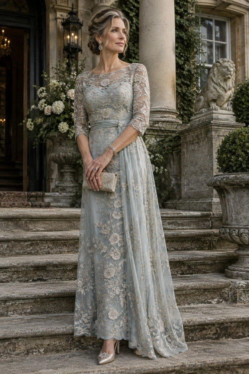 A woman wears a pale blue-gray floral lace gown with three-quarter sleeves, a flowing skirt, and a small light-colored clutch.
