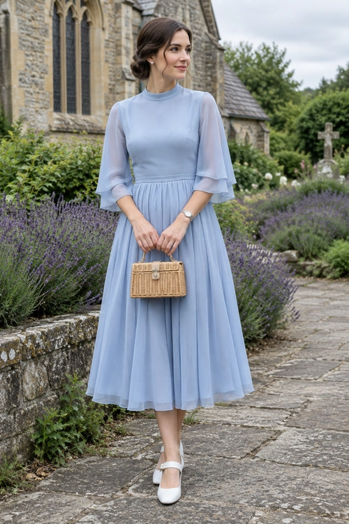 Pale Blue Midi Dress with Wicker Bag Woman wearing a pale blue midi dress with sheer sleeves, white Mary Jane shoes, and a small wicker handbag.