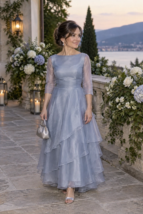 A woman wears a pale blue dress with sheer three-quarter sleeves and a tiered skirt, paired with silver sandals and a small silver clutch.