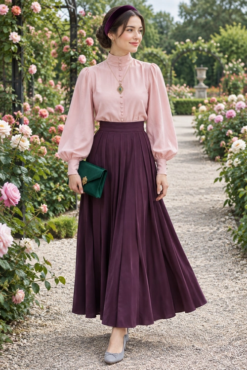 Pink Blouse and Plum Pleated Skirt A woman wears a blush pink high-neck blouse with a plum pleated maxi skirt, purple headband, green clutch, pendant necklace, and gray flats.