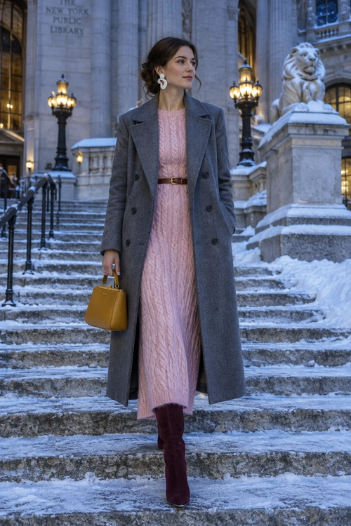 Pink Knit Dress with Gray Coat A woman wears a long pink cable-knit dress with a gray double-breasted coat, brown belt, burgundy boots, and a mustard handbag on snowy steps.