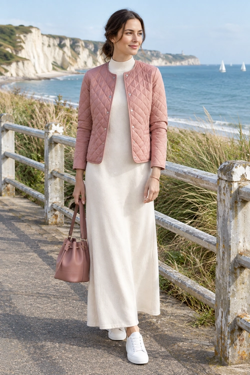 Pink Quilted Jacket with Cream Dress A woman wears a blush pink quilted jacket over a cream midi dress with white sneakers and a matching pink handbag.