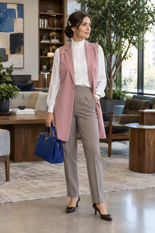 A polished outfit featuring a dusty pink sleeveless vest over a white pleated high-neck blouse, taupe tailored trousers, dark pointed heels, and a blue handbag.