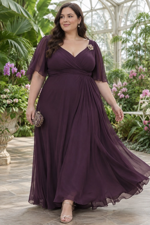 A floor-length plum gown with a high neckline, sheer long sleeves, and an embellished waist, styled with drop earrings and a small clutch.