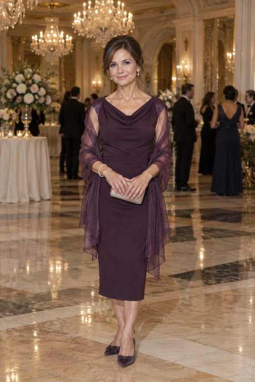 A plum knee-length dress with a draped neckline and sheer overlay is styled with matching pumps, a silver clutch, and a bracelet.