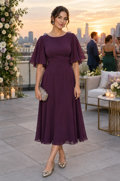 Plum Flutter-Sleeve Midi Dress A plum midi dress with flowing flutter sleeves and a flared skirt, styled with a metallic clutch and pointed heels.