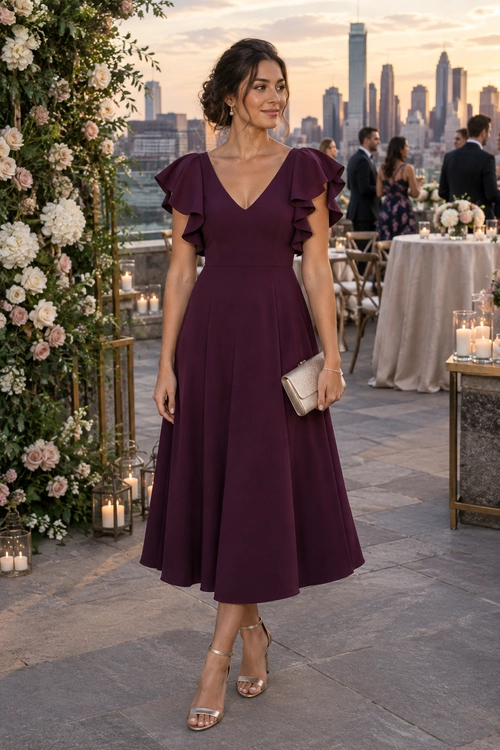 Plum Flutter-Sleeve Midi Dress A plum V-neck midi dress with flutter sleeves is styled with metallic strappy heels and a champagne-colored clutch.