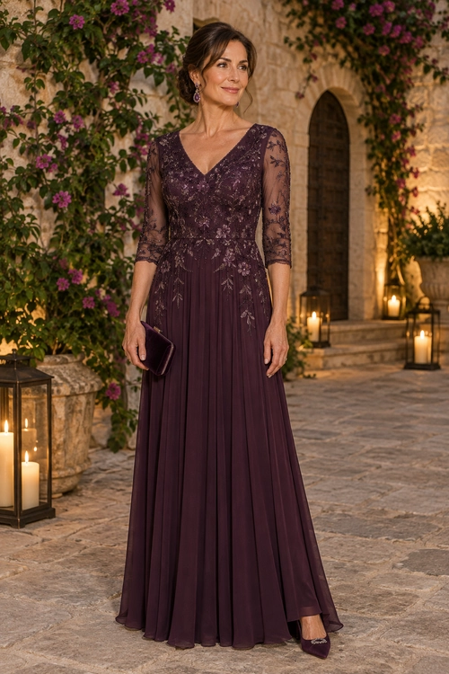 A woman wears a floor-length plum lace gown with three-quarter sleeves, matching heels, drop earrings, and a clutch.