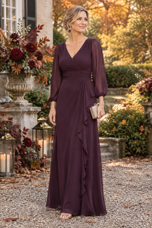 Plum Long-Sleeve Wrap Dress A floor-length plum wrap dress with sheer long sleeves and a ruffled skirt, styled with a small gold clutch and open-toe sandals.