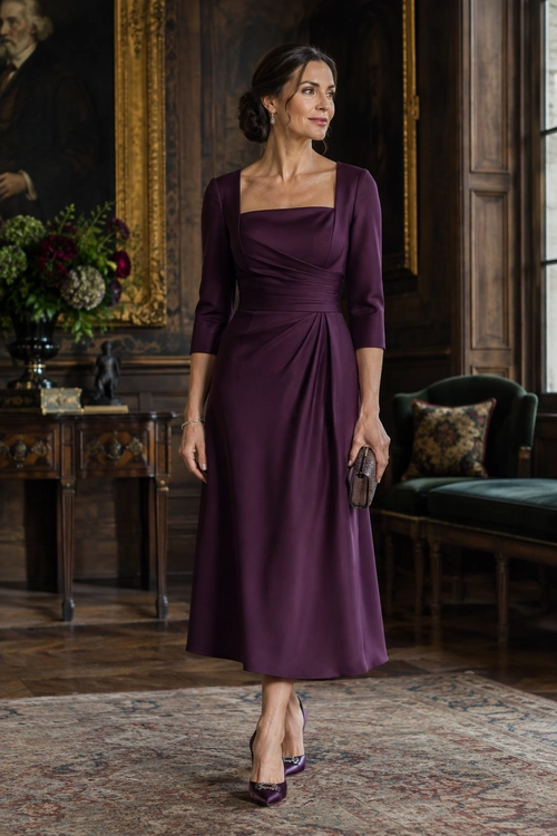 A woman wears a plum midi dress with a square neckline and three-quarter sleeves, paired with matching heels and a small clutch.