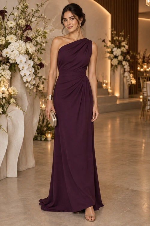 A floor-length plum gown with a draped one-shoulder neckline, styled with a gold cuff bracelet, metallic clutch, and strappy heels.