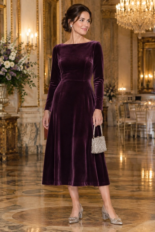 A woman wears a plum velvet long-sleeved midi dress with silver heels, a small embellished handbag, and stud earrings.