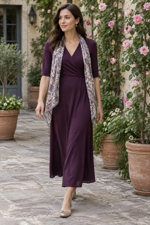 Plum Wrap Dress with Floral Scarf A plum three-quarter-sleeve wrap dress paired with a long floral-print scarf and beige flats.