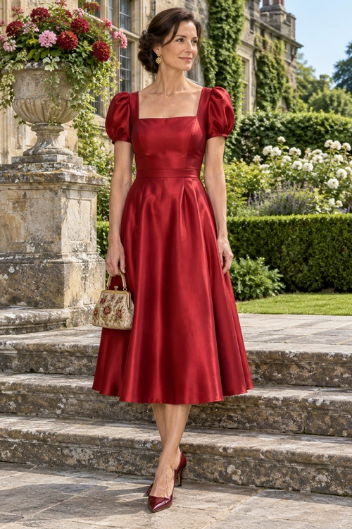 A woman wears a red square-neck midi dress with puff sleeves, matching heels, gold earrings, and a small patterned handbag.