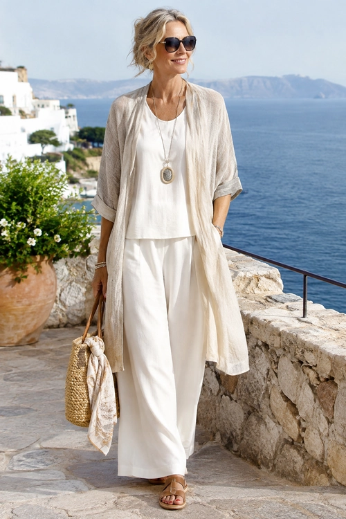 Relaxed Coastal Linen Look Woman wearing a light beige open cardigan over a white top and wide-leg trousers with sandals, sunglasses, layered jewelry, and a woven tote by the sea.