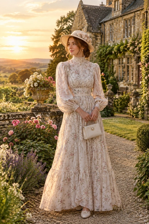 A woman wears a cream floral maxi dress with long sleeves, a wide-brim hat, a small white handbag, and light-colored shoes in a garden.