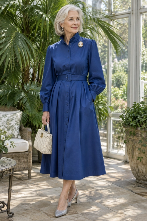 Royal Blue Belted Shirt Dress A woman wears a royal blue belted shirt dress with a brooch, woven handbag, and light gray slingback heels.