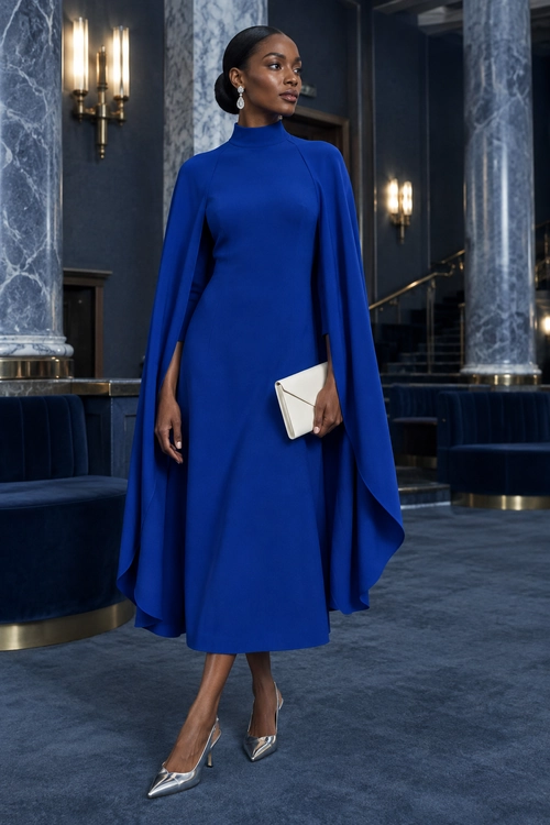 A woman wears a royal blue high-neck cape-sleeve midi dress with metallic pointed-toe heels, drop earrings, and an ivory clutch.