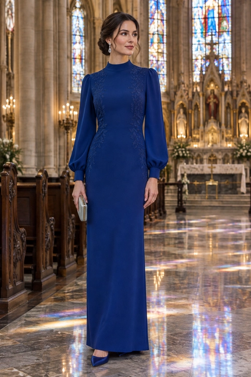 Royal Blue Long-Sleeve Gown Woman wearing a floor-length royal blue dress with a high neckline, long puff sleeves, pointed shoes, and a silver clutch.