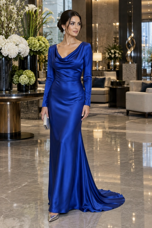 Royal Blue Satin Evening Gown A woman wears a long-sleeved royal blue satin gown with a draped neckline and train, paired with silver earrings, a clutch, and pointed heels.