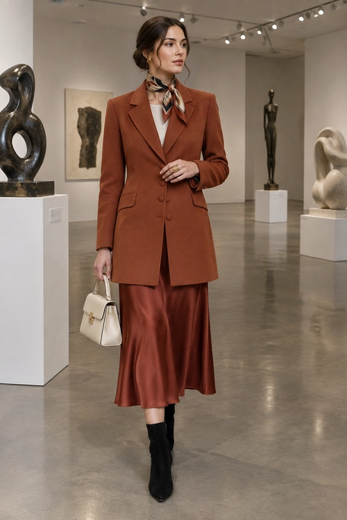 Rust Blazer and Satin Skirt Outfit Woman wearing a rust blazer, satin midi skirt, patterned neck scarf, black ankle boots, and a cream handbag.
