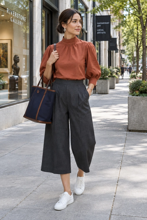 A rust high-neck blouse with puff sleeves is paired with charcoal wide-leg cropped trousers, white sneakers, and a navy tote bag.