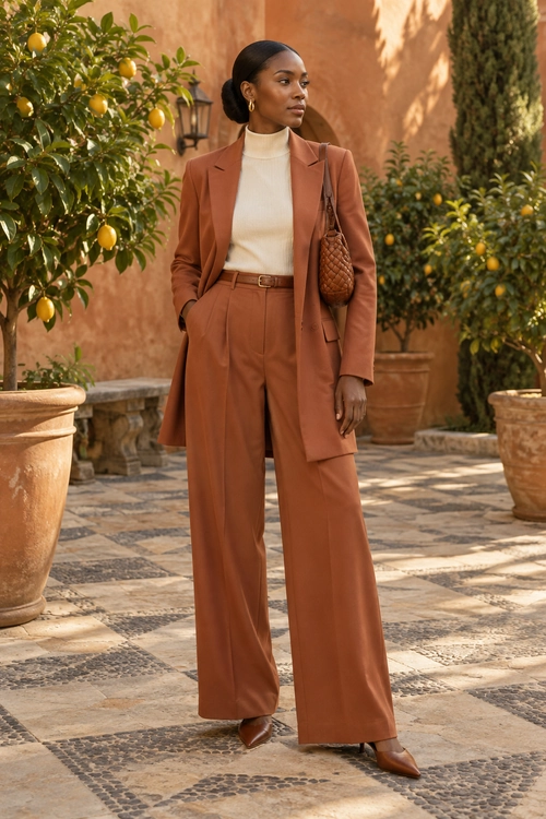 A woman wears a rust brown blazer and wide-leg trousers with a cream mock-neck top, brown belt, shoulder bag, and pointed-toe shoes.