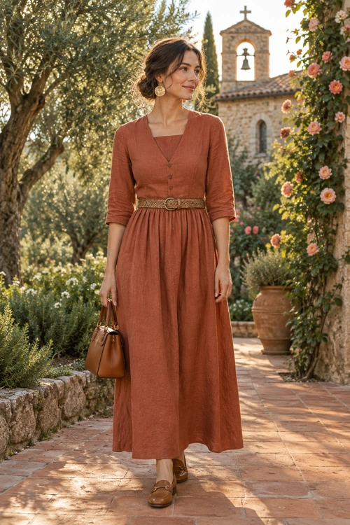Rust Button-Front Midi Dress Outfit Woman wearing a rust-colored button-front midi dress with a woven belt, brown handbag, round earrings, and brown loafers.