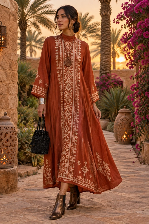 Rust Embroidered Maxi Dress A woman wears a rust-colored embroidered maxi dress with ankle boots and carries a black beaded handbag.
