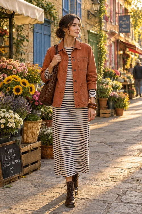 Rust Jacket and Striped Dress Outfit Woman wearing a rust button-front jacket over a cream-and-navy striped midi dress with a woven brown shoulder bag and brown lace-up ankle boots.