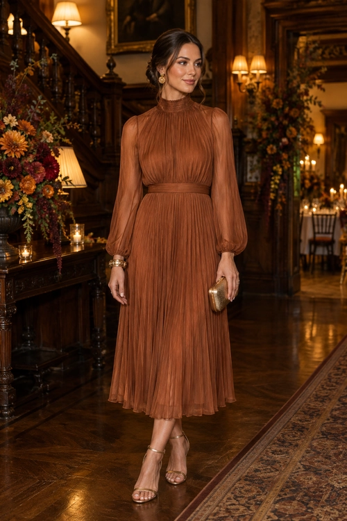 Rust Pleated Evening Dress A rust-colored pleated dress with a high neckline and sheer long sleeves styled with gold accessories and strappy heels.