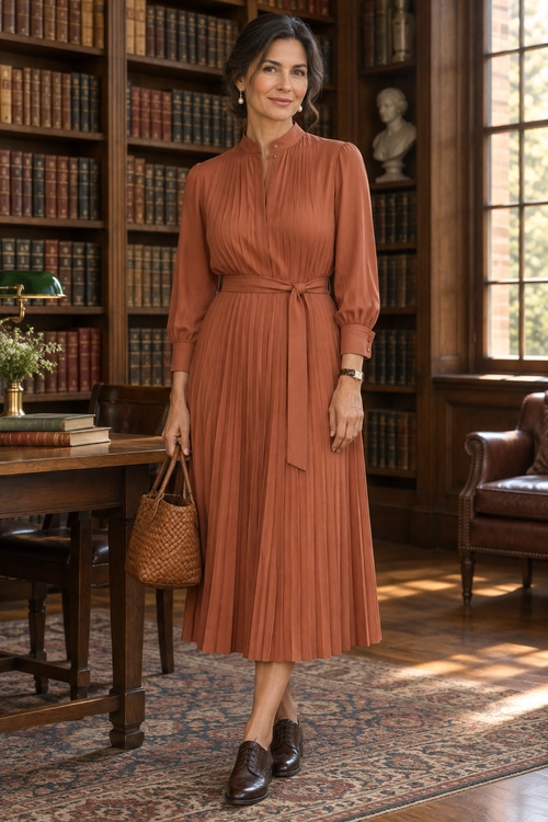 Rust Pleated Tie-Waist Dress A woman wears a rust-colored pleated long-sleeve dress with a tie waist, brown loafers, and a woven handbag.