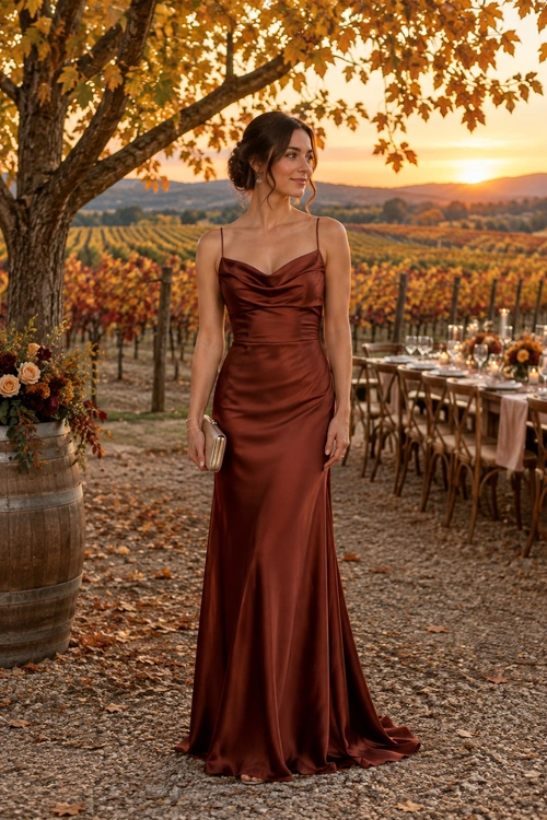 Rust Satin Evening Gown A woman wears a floor-length rust satin gown with thin straps and carries a small metallic clutch at an outdoor vineyard dinner.