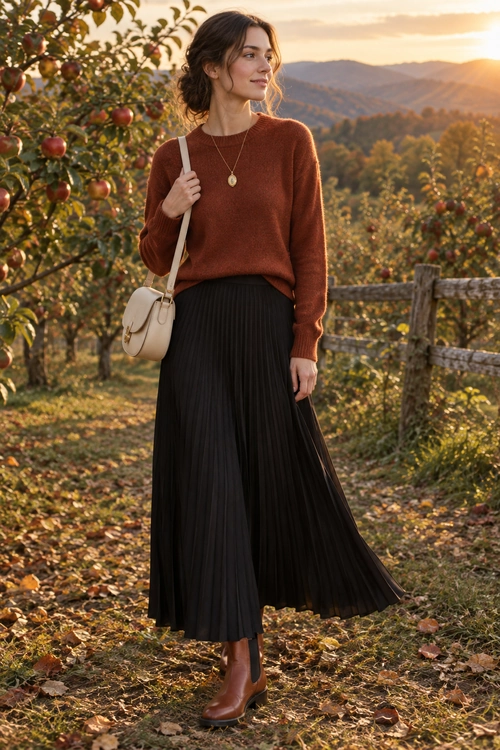 Rust Sweater and Pleated Skirt Outfit A rust knit sweater styled with a black pleated skirt, brown ankle boots, a cream shoulder bag, and a pendant necklace.
