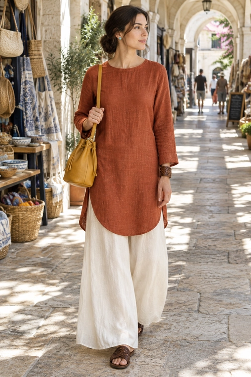 Rust Tunic and Cream Wide-Leg Pants Woman wearing a rust-colored long tunic with cream wide-leg pants, brown sandals, and a mustard shoulder bag.