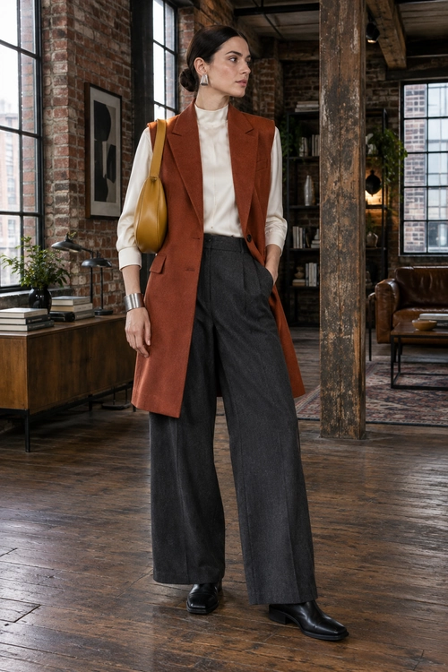 Rust Vest and Wide-Leg Trousers A tailored rust sleeveless vest layered over a cream high-neck blouse with charcoal wide-leg trousers, black ankle boots, and a mustard shoulder bag.
