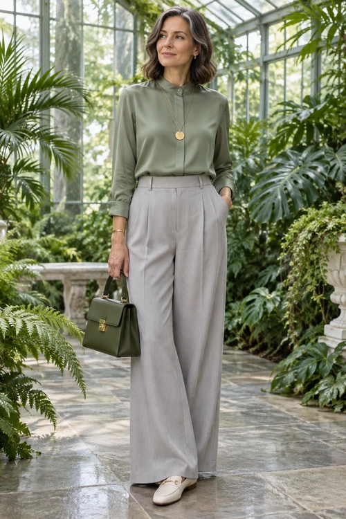 Sage Blouse and Wide-Leg Trousers A woman wears a sage green high-neck blouse with light gray wide-leg trousers, cream loafers, and a structured olive handbag.