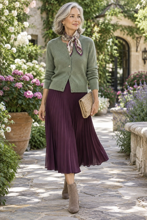Sage Cardigan and Plum Pleated Skirt Outfit Woman wearing a sage green cardigan, patterned neck scarf, plum pleated skirt, woven clutch, and taupe ankle boots.