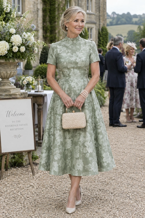 A woman wears a sage green floral midi dress with short sleeves, pale heels, pearl earrings, bracelets, and a woven clutch.