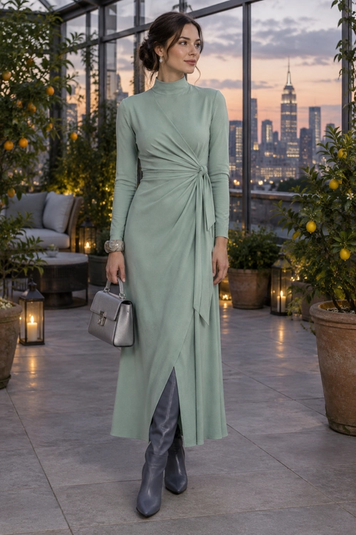 A woman wears a sage green long-sleeve draped dress with dark pointed boots and a structured gray handbag.