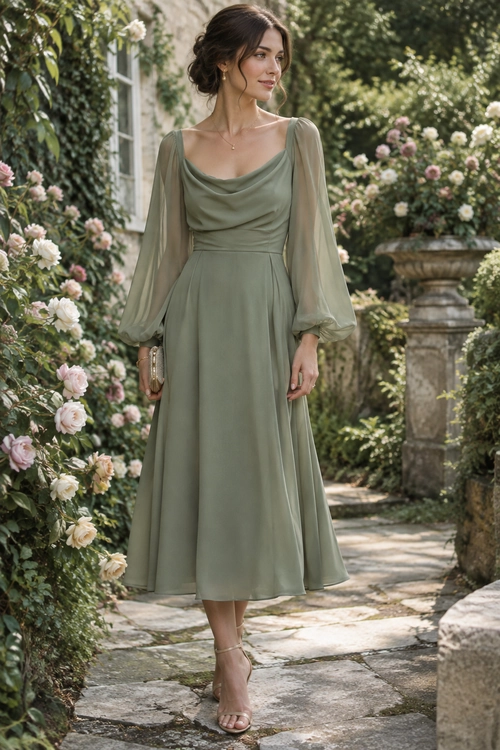 Sage Green Draped Dress A sage green midi dress with a draped neckline and sheer long sleeves, styled with strappy heeled sandals and a delicate necklace.