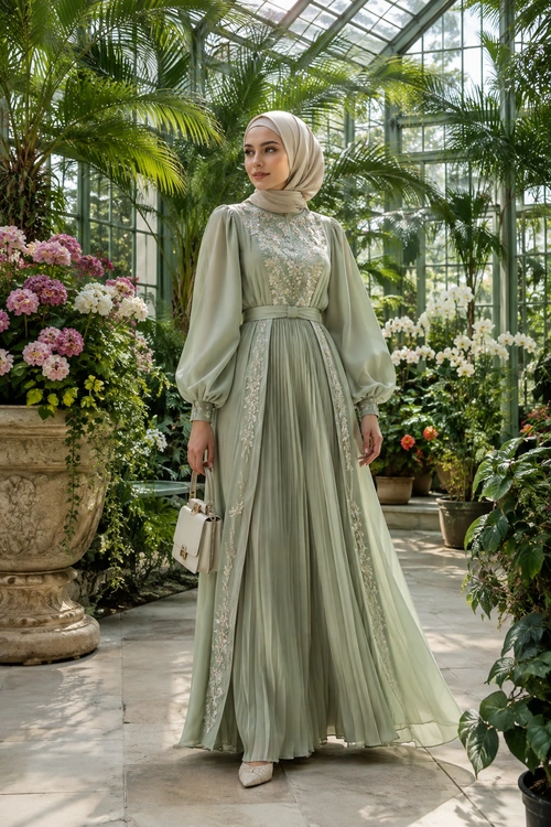 Sage Green Embroidered Dress Woman wearing a sage green pleated dress with floral embroidery, voluminous sleeves, a matching hijab, and a small white handbag in a greenhouse garden.
