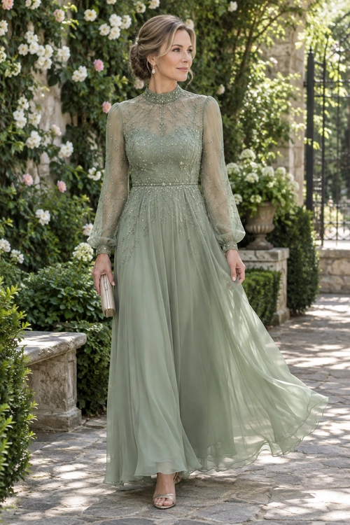 A woman wears a flowing sage green gown with a beaded high neckline, sheer long sleeves, and a full skirt, accessorized with drop earrings, a metallic clutch, and open-toe heels.