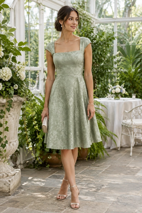 A woman wears a sage green floral dress with a square neckline and cap sleeves, paired with nude strappy heels and a small clutch.